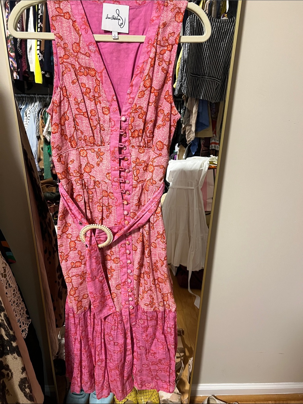 Sam Edelman Pink and Orange Floral Maxi Dress with Self-Tie Belt